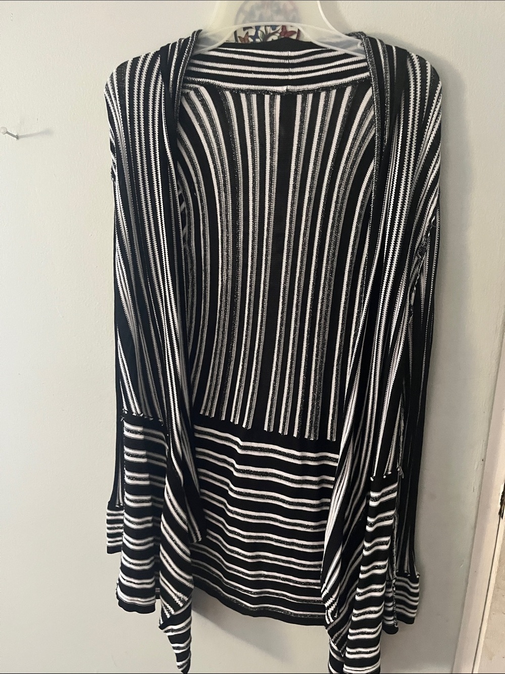 Chico's Black & White Vertical-to-Horizontal Stripe Cardigan